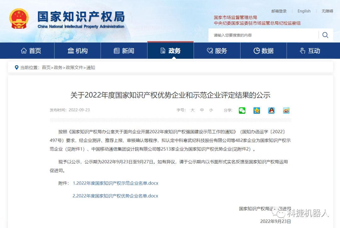 【喜报】立异引领生长，，，，，c7c7娱乐平台官网入口机械人获评国家知识产权优势企业！